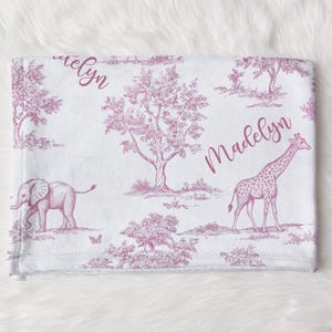 Pink Toile Nursery Baby Name Blanket, Personalized Safari Swaddle Baby Shower Gift, New Mom Hospital Blanket, Newborn Gift