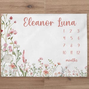 Wildflowers Milestone Blanket Personalized Baby Girl Month Blanket Flowers Nursery Custom Newborn Growth Tracker New Mom Baby Shower Gift