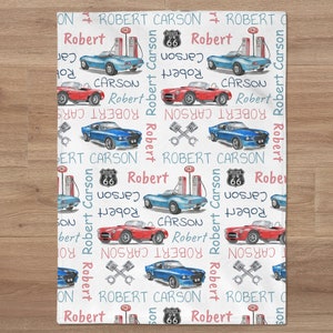 Personalized Car Baby Boy Blanket, Sports Car Name Blanket, Custom Retro Car Baby Name Blanket, Newborn Gift, Race Car Baby Shower Gift