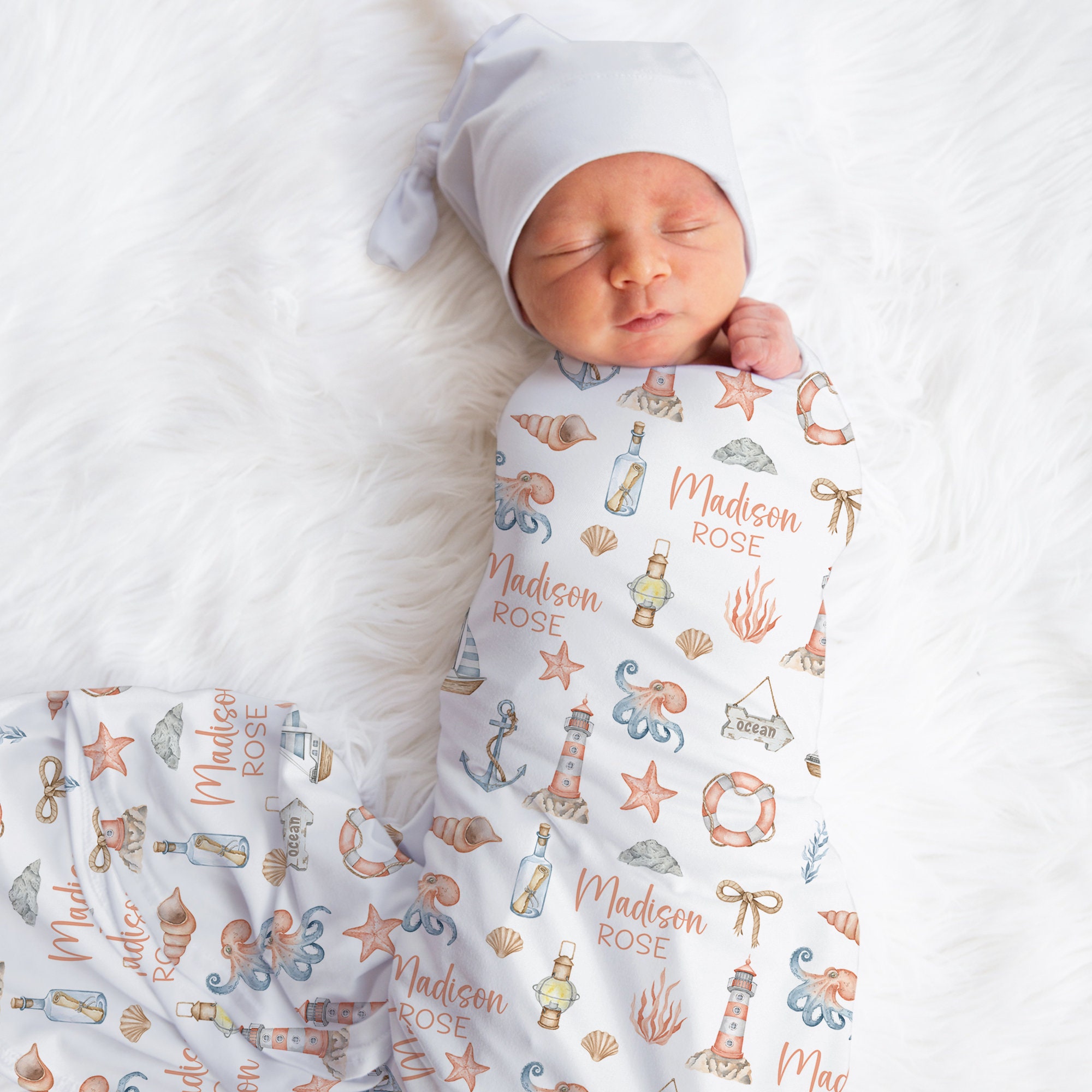 Custom Nautical Baby Name Blanket Personalized Ocean Sailboat Swaddle ...