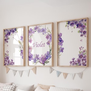 Custom Violet Prints, Set of 3 Floral Nursery Wall Art, Boho, Baby Girl Nursery Decor, Watercolor Violet flowers, Personalized Name Sign