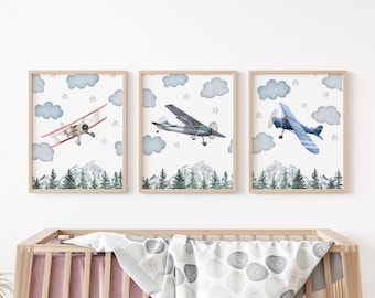 Set of 3 Airplanes Prints, Aviation Wall Art Set, Clouds Posters, Modern Art, Stars Kids Bedroom Decor, Boy Nursery Decor, Playroom Prints