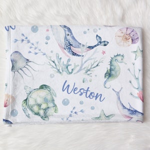 Custom Sea Animals Blanket, Boy Ocean Name Swaddle, Personalized Whale, Turtle Swaddle, New Mom Gift, Newborn Gift, Ocean Baby Shower Gift