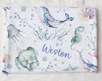 Custom Sea Animals Blanket, Boy Ocean Name Swaddle, Personalized Whale, Turtle Swaddle, New Mom Gift, Newborn Gift, Ocean Baby Shower Gift