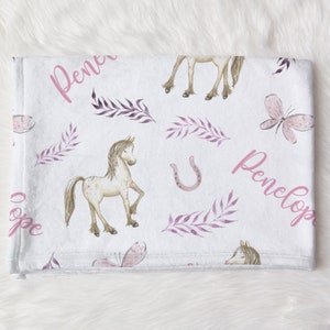 Custom Horse Baby Name Blanket, Personalized Baby Girl Horse Swaddle, Leaves Blanket, New Mom Gift, Newborn Gift, Baby Shower Gift
