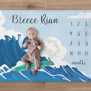 Beach Milestone Blanket, Custom Surfer Baby Blanket, Personalized Waves Baby Month Blanket, Newborn Gift, Ocean Baby Shower Gift