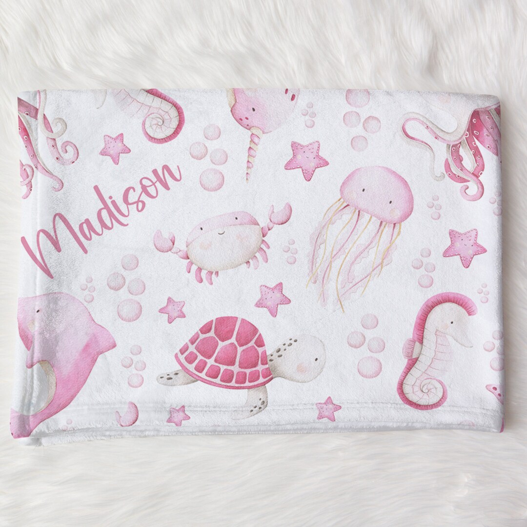 Custom Ocean Baby Name Blanket Personalized Pink Turtle Sea Animals ...