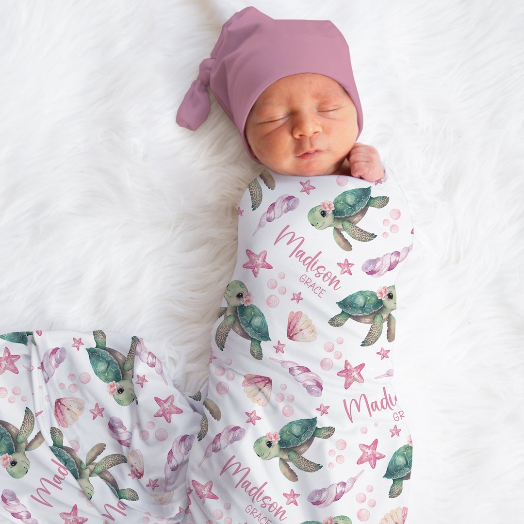 Personalized Turtle Swaddle Blanket Ocean Name Baby Blanket Newborn ...