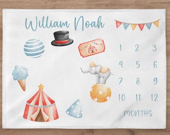 Circus Milestone Blanket Personalized Elephant Baby Boy Month Blanket Ice Nursery Custom Age Newborn Calendar New Mom Baby Shower Gift