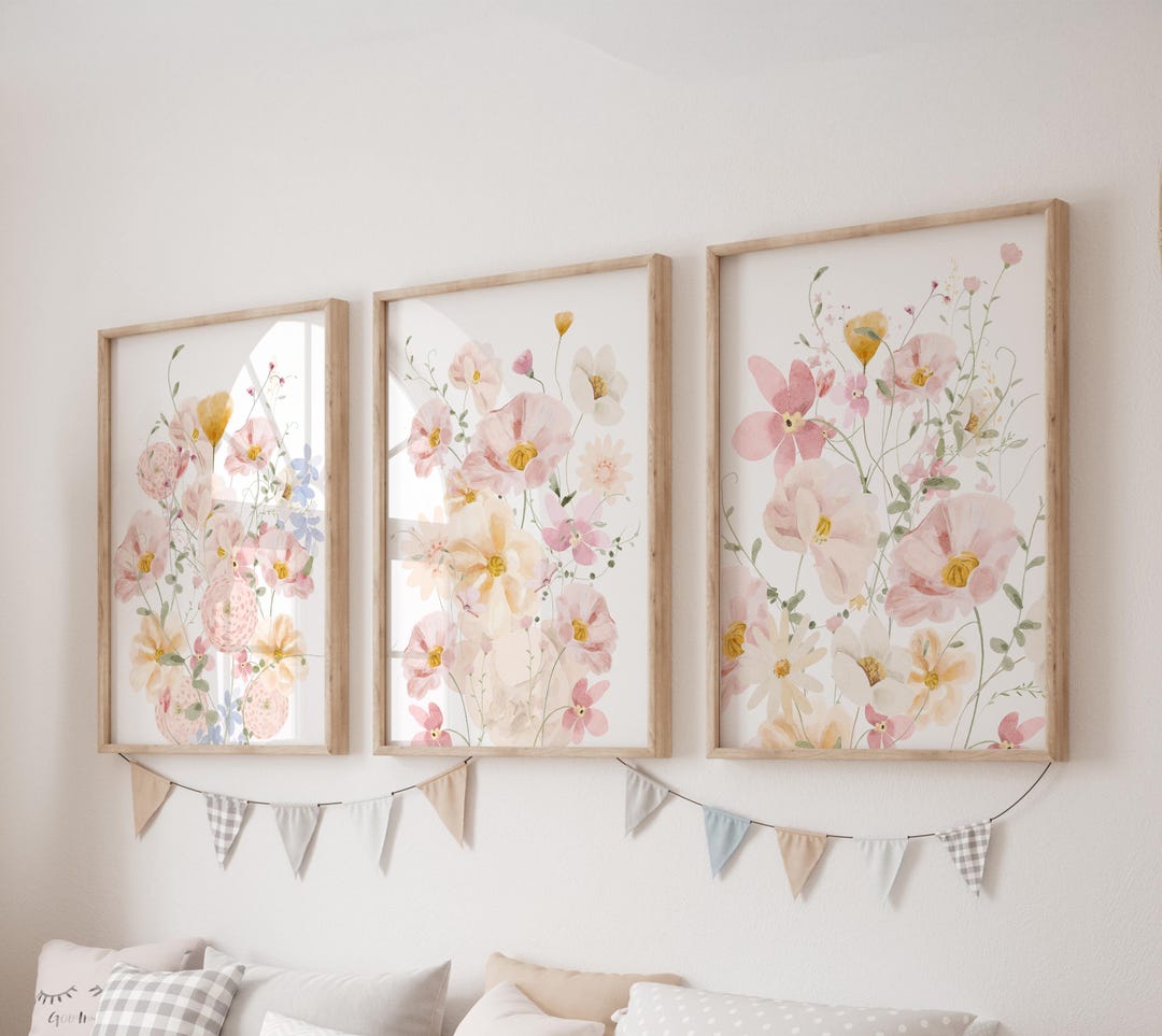 Set of 3 Wildflower Prints, Pink Flowers Wall Art Set, Floral Posters ...