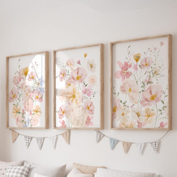 Set of 3 Wildflower Prints, Pink Flowers Wall Art Set, Floral Posters, Modern Art, Kids Bedroom Decor, Girl Nursery Decor, Playroom Prints