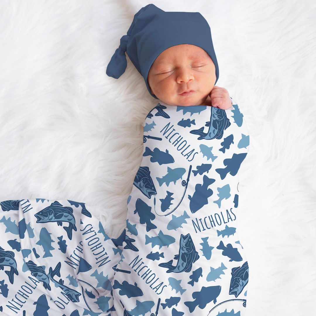 Personalized Fishing Swaddle Blanket Blue Fish Name Baby Blanket ...