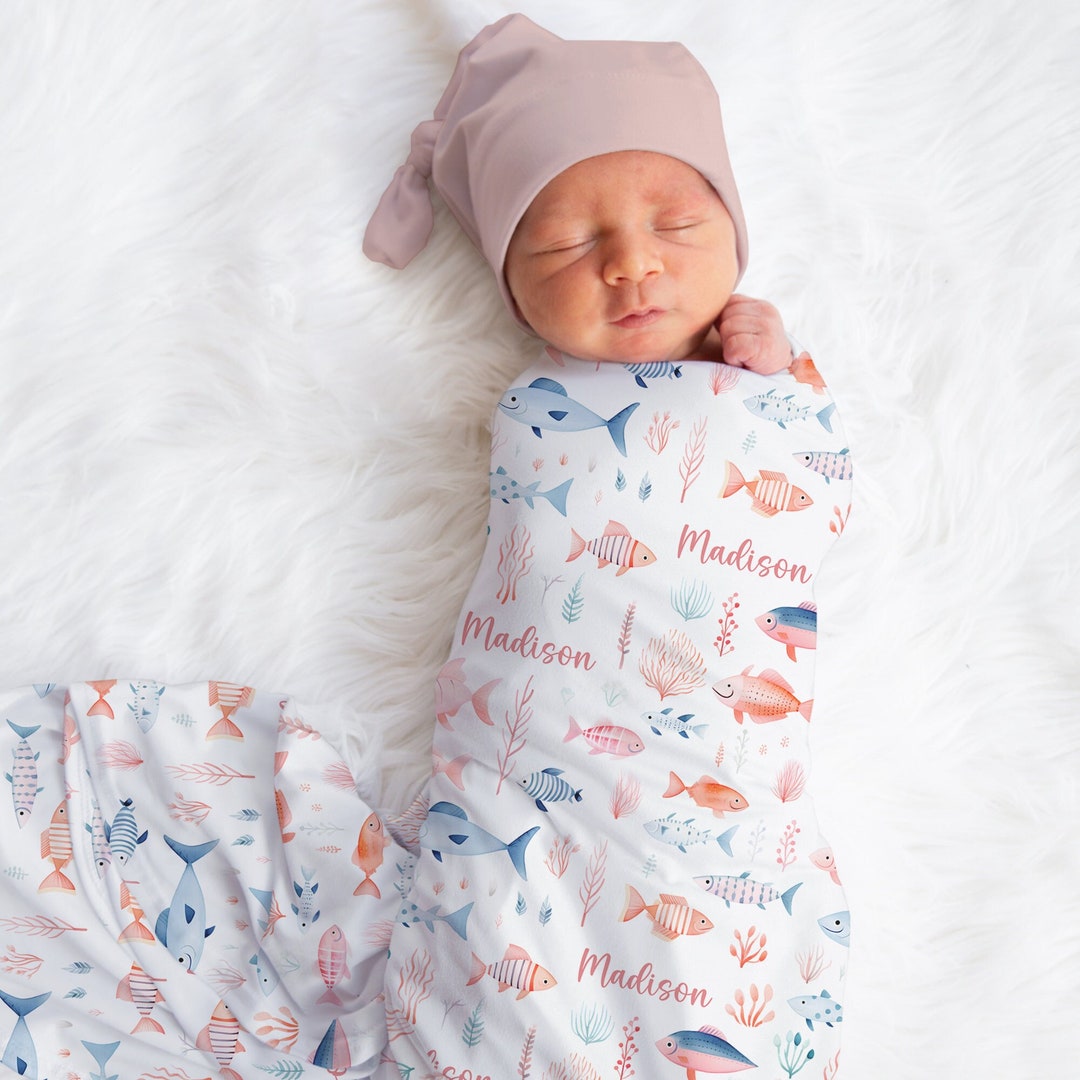 Sea Animals Name Swaddle, Custom Girl Ocean Blanket, Personalized Fish