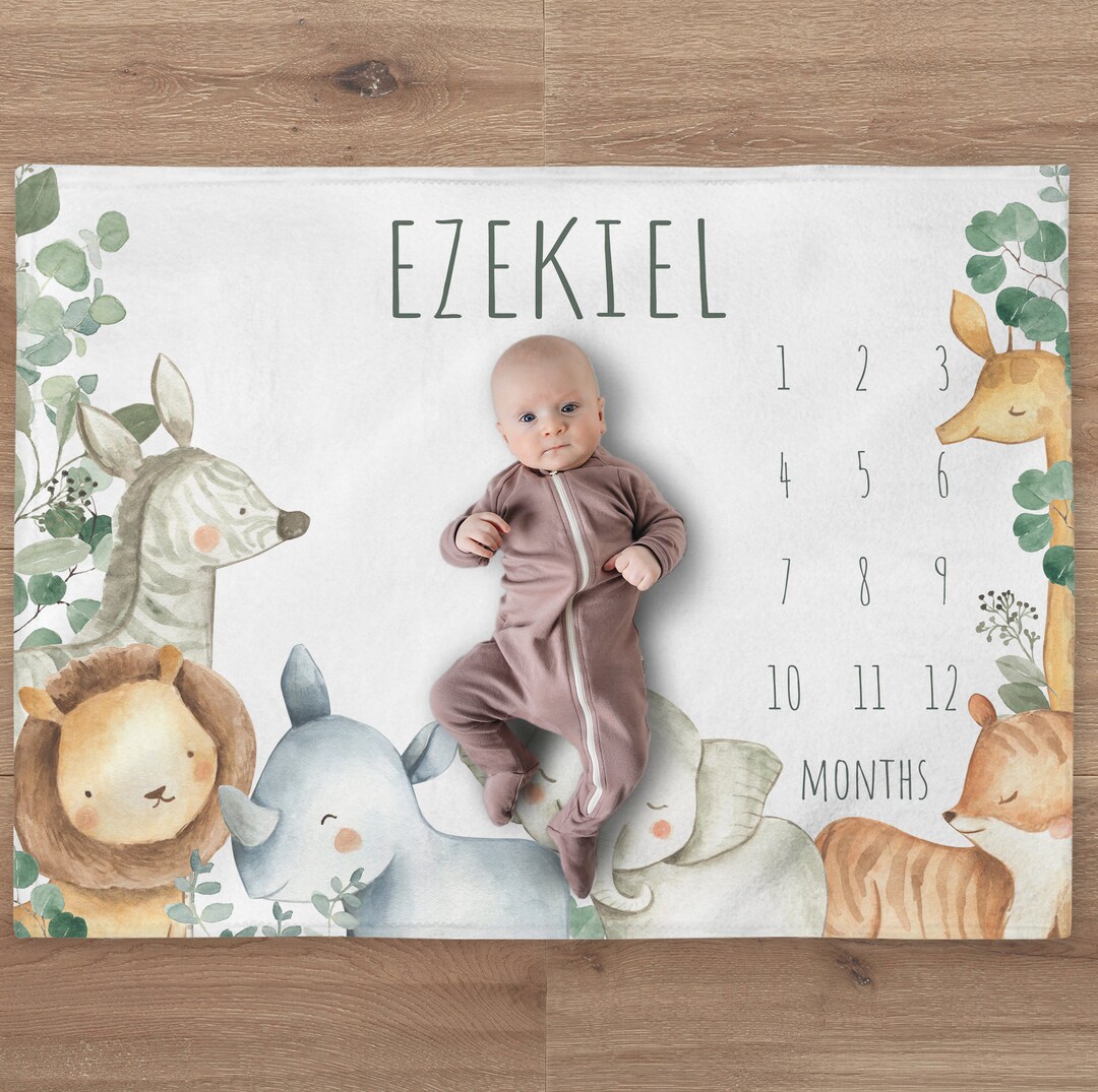 Safari Milestone Blanket, Personalized Elephant Baby Boy Month Blanket ...