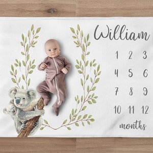 Koala Milestone Blanket, Custom Koala Gender Neutral Blanket, Personalized Greenery Wreath Baby Month Blanket, Newborn Gify Baby Shower Gift