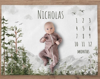 Mountains Milestone Blanket, Custom Woodland Boy Name Blanket, Personalized Forest Baby Month Blanket, Newborn Gift, Baby Shower Gift