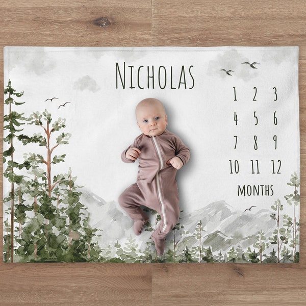 Mountains Milestone Blanket, Custom Woodland Boy Name Blanket, Personalized Forest Baby Month Blanket, Newborn Gift, Baby Shower Gift