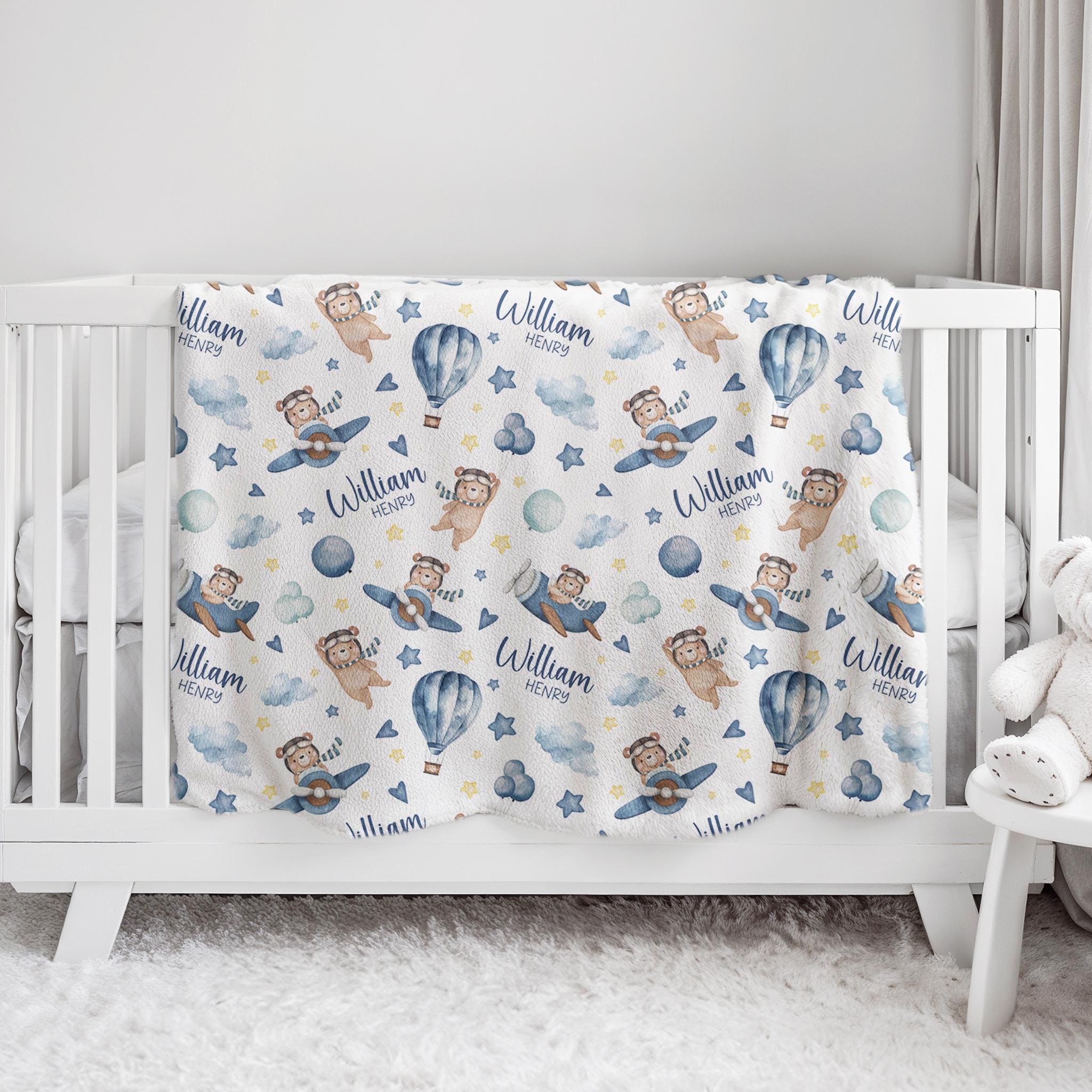 Personalized Baby Blanket With Name - Teddy Bear Balloon Rainbow Design 30x40 Inches