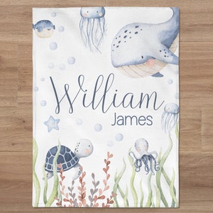 Baby Boy Name Blanket, Under the Sea Baby Name Blanket, Personalized Ocean Baby Name Blanket, Turtle Blanket Whale Nursery, Baby Shower Gift