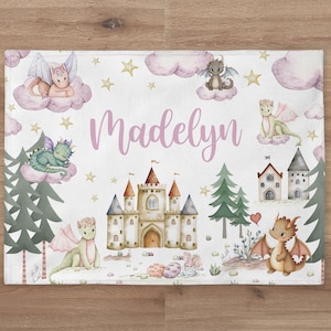 Personalized Dragon Baby Girl Name Blanket | Fairy Tale Name Blanket | New Baby Gift |  Custom Dragon Theme Nursery | Baby Shower Gift