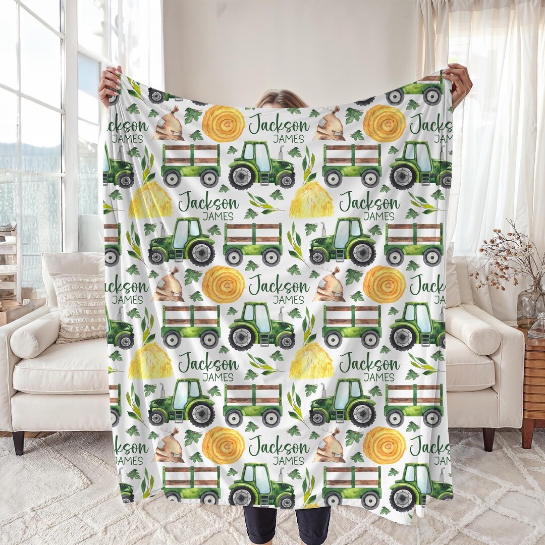 Tractor Nursery Baby Blanket, Personalized Farm Name Swaddle Baby ...