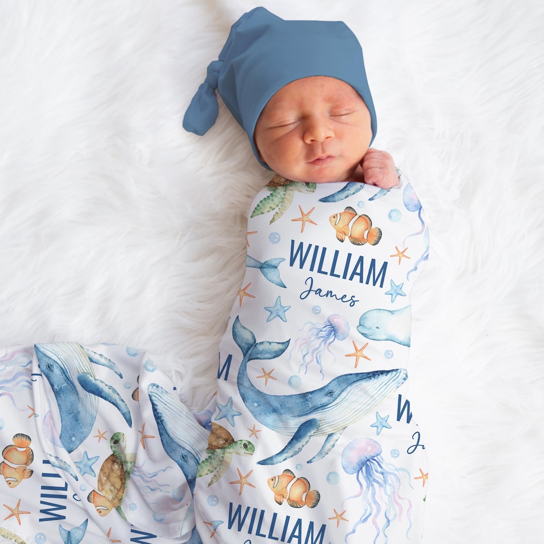 Personalized Whale Swaddle Blanket Ocean Turtle Name Baby Blanket ...