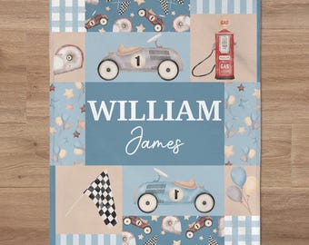 Cars Blanket, Custom Vintage Cars Nursery, Racing Cars Crib Bedding, Kids Name Blanket, Toddler Birthday, Personalized Baby Shower Gift