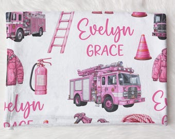 Custom Pink Truck Nursery Baby Name Blanket, Personalized Firefighter Swaddle Baby Shower Gift, New Mom Hospital Blanket, Newborn Gift