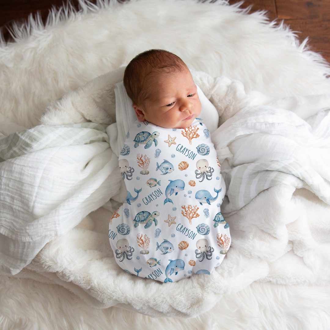 Ocean Name Swaddle, Turtle Swaddle, Custom Sea Animals Blanket