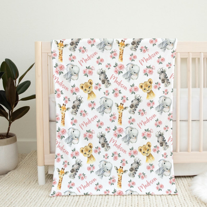 Custom Floral Giraffe Swaddle Blanket Pink Flower Elephant Name Baby ...
