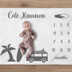 Beach Milestone Blanket, Custom Surfer Baby Blanket, Personalized Waves Baby Month Blanket, Newborn Gift, Ocean Baby Shower Gift