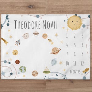Space Milestone Blanket Personalized Planets Baby Boy Month Blanket Custom Stars Age Newborn Calendar Tracker New Baby Shower Gift
