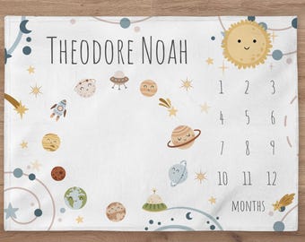 Space Milestone Blanket Personalized Planets Baby Boy Month Blanket Custom Stars Age Newborn Calendar Tracker New Baby Shower Gift