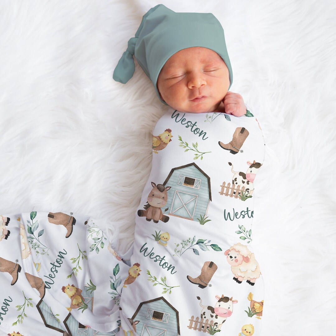 Custom Farm Swaddle, Personalized Farm Baby Name Blanket, Cowboy