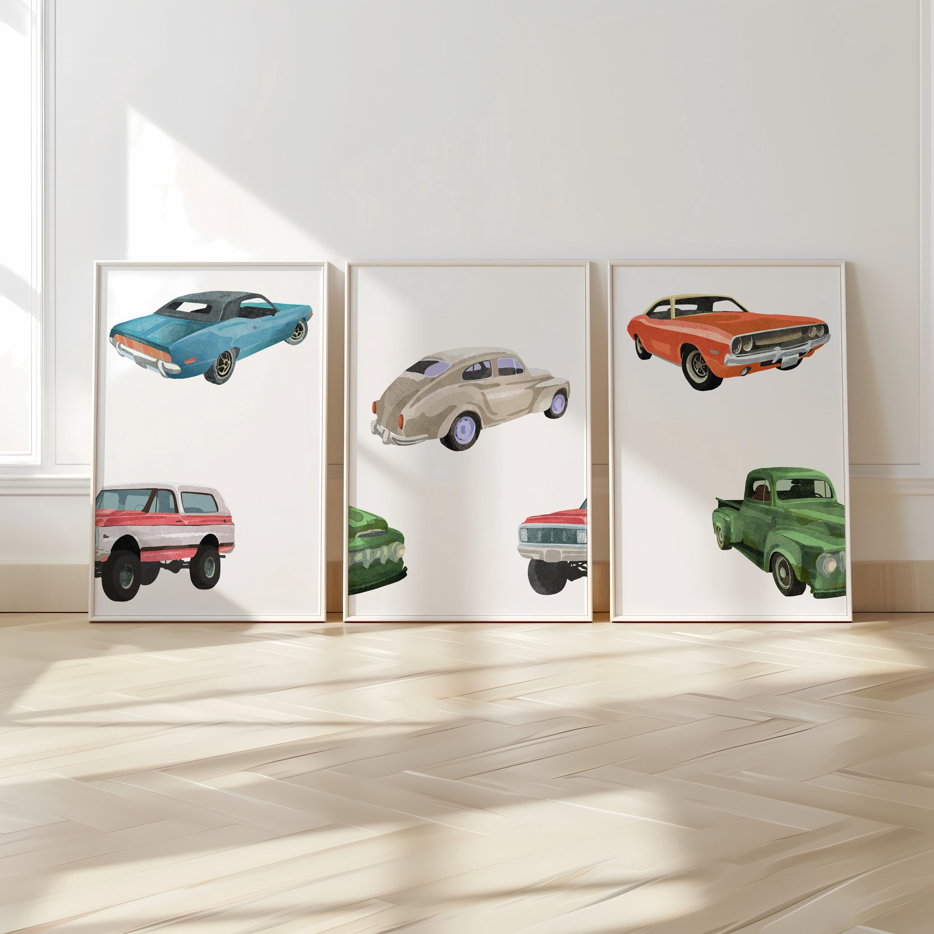 Cars Collection Print Set of 3 Vintage Cars Prints, Old Cars Wall Art Set, Retro Car Posters ...