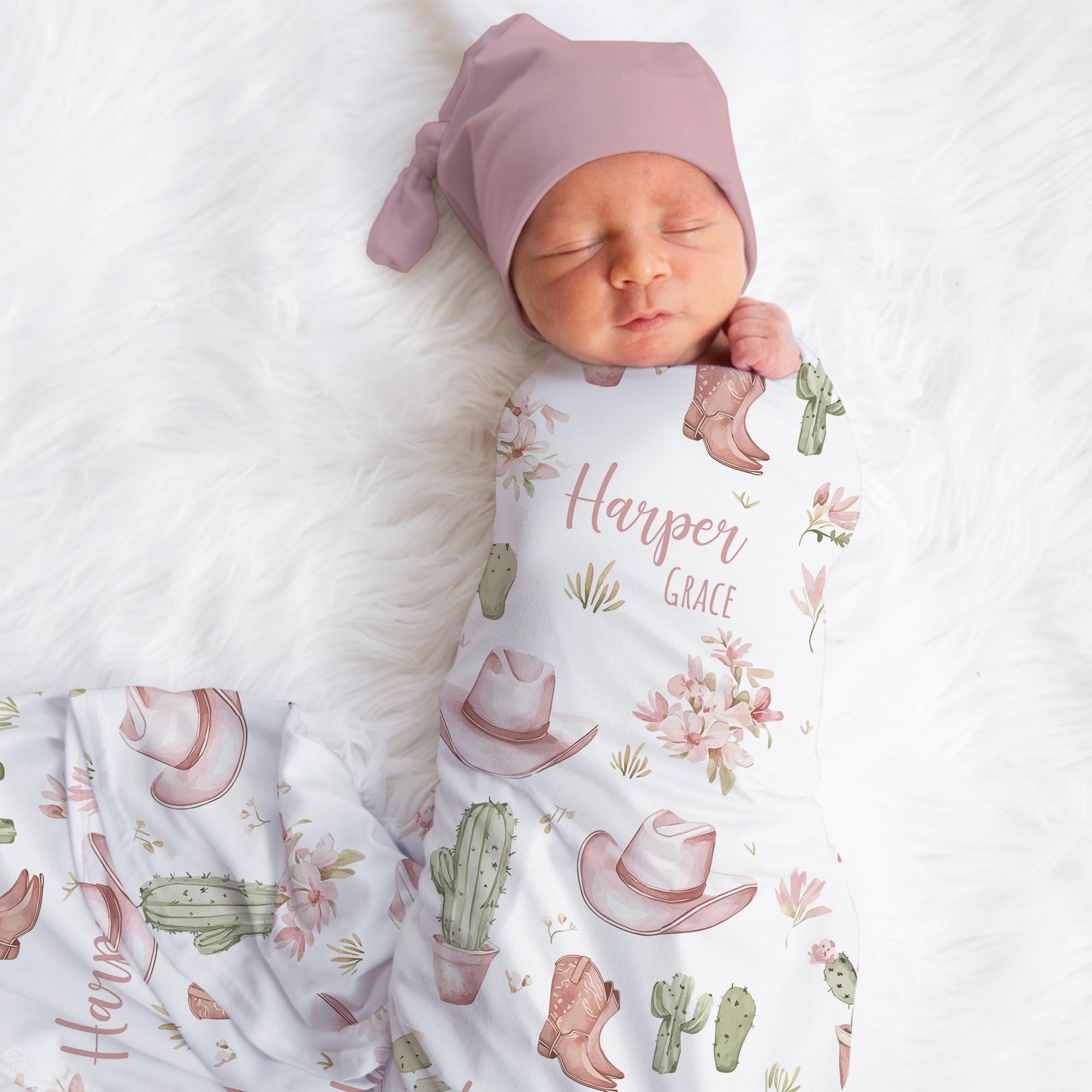 Personalized Cowgirl Swaddle Blanket Pink Hat Name Baby Blanket Cactus  Newborn Baby Girl Coming Home Outfit Hospital Photo Baby Shower Gift