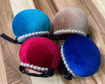 Velvet Pin Cushion with Pearl Accent, Adjustable Wrist Strap, Red, Royal, Cream, Aqua