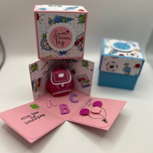Mini Explosionsbox zur Einschulung mit Schulranzen; Geschenkschachtel; Geschenkbox; Freude schenken; Dankeschön; 1. Schultag; Schultasche