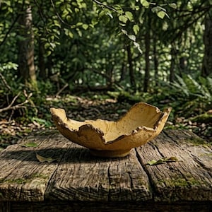 May include: A shallow, ochre-colored ceramic bowl with a rough, uneven, and organic-looking rim. The bowl features a textured, matte surface that mimics the appearance of natural materials, with a wide, open basin and a small, circular base.