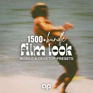 May include: A digital product advertisement featuring a blurry, warm-toned photograph of a person in motion near water. The white text reads 1500+ bundle film look MOBILE & DESKTOP PRESETS, with a small white ap logo at the bottom center of the image.