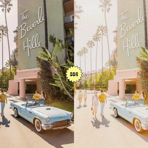May include: A group of people walking in front of a building with the sign "The Beverly Hills" on it. A light blue convertible car is parked in front of the building. The scene is set in a sunny, outdoor location.