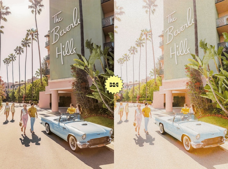 May include: A group of people walking in front of a building with the sign "The Beverly Hills" on it. A light blue convertible car is parked in front of the building. The scene is set in a sunny, outdoor location.