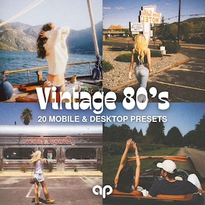 May include: A collage of four photographs featuring a vintage aesthetic with the text Vintage 80's 20 MOBILE & DESKTOP PRESETS. The images show a person on a boat, a person near a motel sign, a person by a diner, and two people in a convertible car.