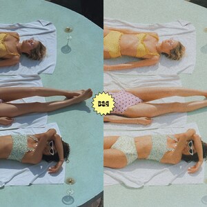 May include: Three women wearing different floral print bikinis are laying on white towels on a light blue surface.  The women are wearing sunglasses and are sunbathing.