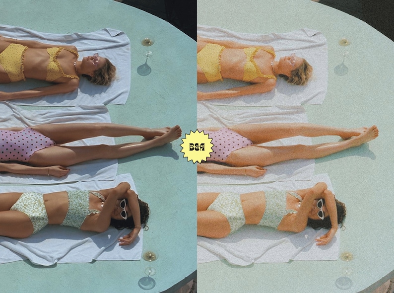 May include: Three women wearing different floral print bikinis are laying on white towels on a light blue surface.  The women are wearing sunglasses and are sunbathing.