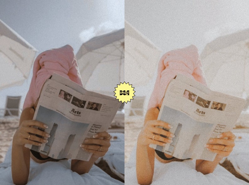 May include: A person wearing a pink towel on their head is reading a newspaper with the word "Arts" on the front page. The person is lying on a white blanket on a beach.