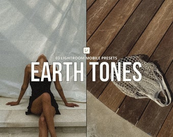 Könnte beinhalten: Eine Frau in einem schwarzen Kleid sitzt auf einer Treppe mit weißem Hintergrund. Der Text "03 LIGHTROOM MOBILE PRESETS EARTH TONES" wird in der Mitte des Bildes angezeigt.