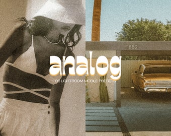 May include: A woman wearing a white hat and a white top with a brown criss-cross strap design. The woman is standing in front of a garage with the number 1882 on the door. The text "analog 05 LIGHTROOM MOBILE PRESETS" is in the image.
