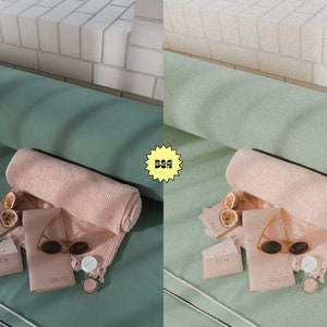 May include: A pink towel, sunglasses, and small jars of cream are arranged on a green couch. The text "CACHE" is visible on the packaging of the cream. The background is a white brick wall.