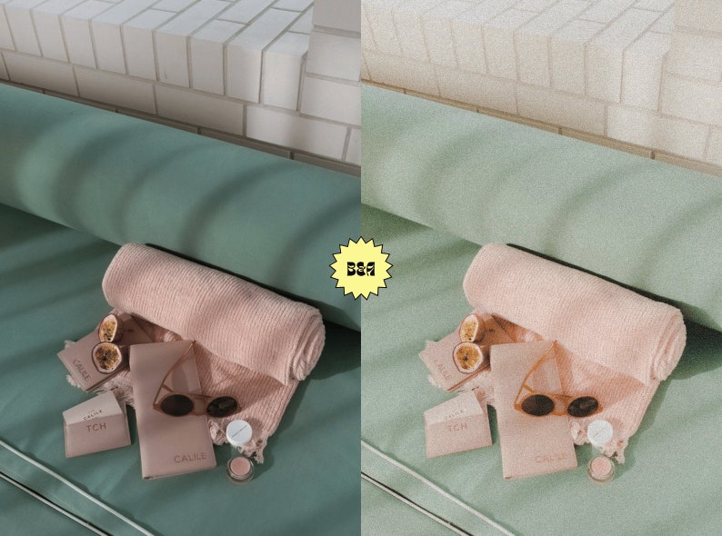 May include: A pink towel, sunglasses, and small jars of cream are arranged on a green couch. The text "CACHE" is visible on the packaging of the cream. The background is a white brick wall.